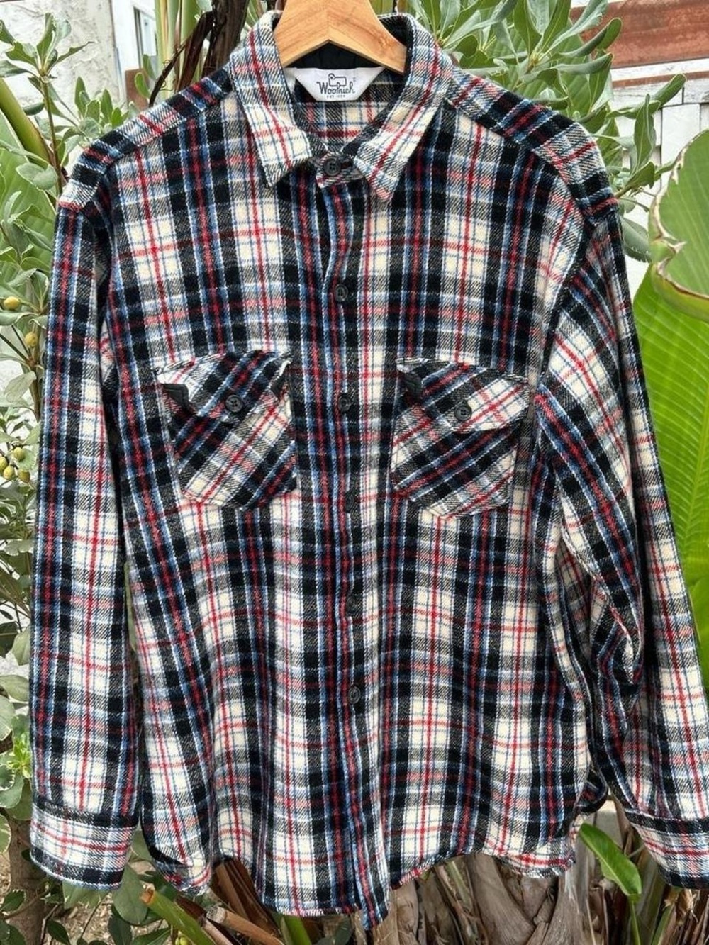 Vintage 1990s Woolrich Plaid Flannel Shirt L Black Cream Red Blue
